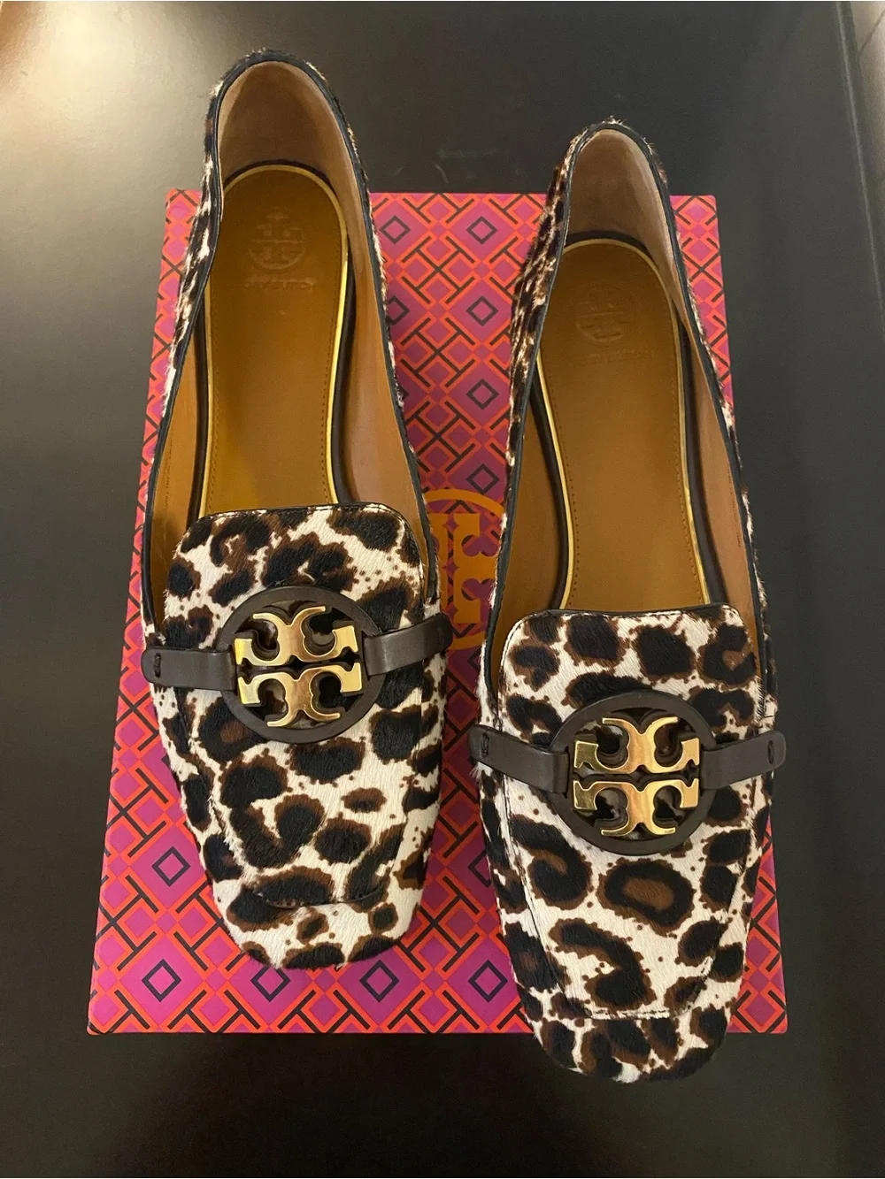 Tory Burch Metal Miller Loafer Printed Baby Haircalf Cream Leopard / Gold Sz 10